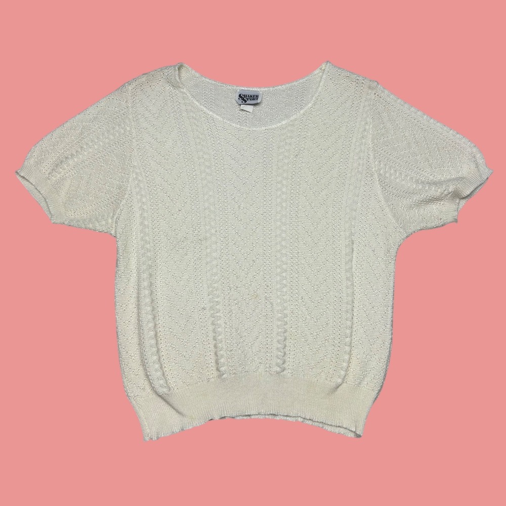 Shaker Sport Cream White Pointelle Chevron Knit Short Sleeve Sweater Top
